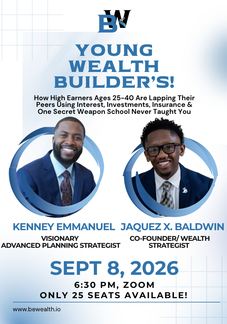 Young Wealth Builders live workshop with Kenney Emmanuel and Jaquez X. Baldwin — September 8, 2026 at 6:30 PM EST on Zoom