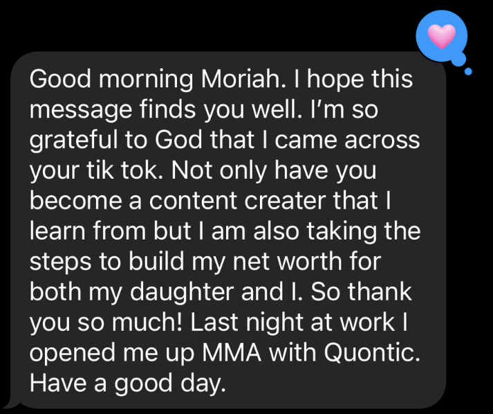 Text screenshot of Kim Robinson thanking Moriah Davis for helping her start building wealth